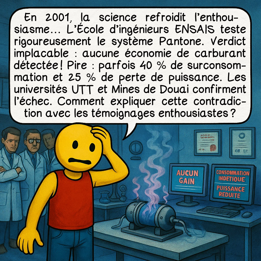 Le moteur Pantone, case 5 : En 2001, la science refroidit l’enthousiasme… L’École d’ingénieurs ENSAIS teste rigoureusement le système Pantone. Verdict implacable : aucune économie de carburant détectée ! Pire : parfois 40 % de surconsommation et 25 % de perte de puissance. Les universités UTT et Mines de Douai confirment l’échec. Comment expliquer cette contradiction avec les témoignages enthousiastes ?