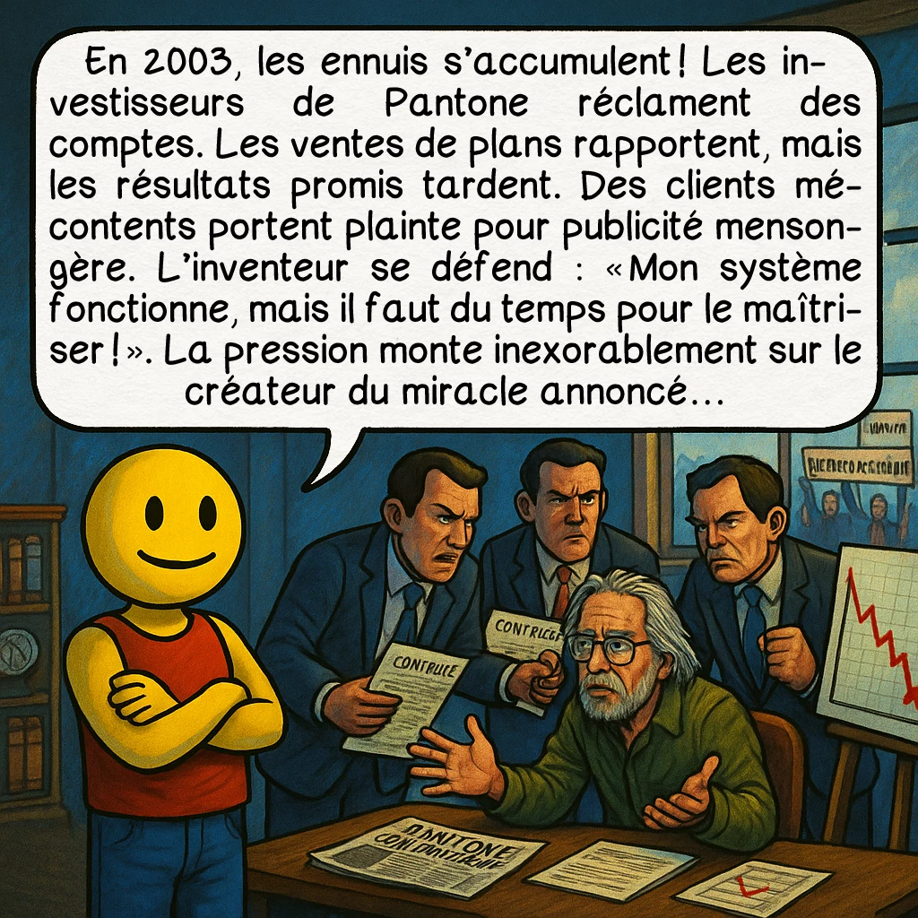 Le moteur Pantone, case 6 : En 2003, les ennuis s’accumulent ! Les investisseurs de Pantone réclament des comptes. Les ventes de plans rapportent, mais les résultats promis tardent. Des clients mécontents portent plainte pour publicité mensongère. L’inventeur se défend : « Mon système fonctionne, mais il faut du temps pour le maîtriser ! ». La pression monte inexorablement sur le créateur du miracle annoncé…