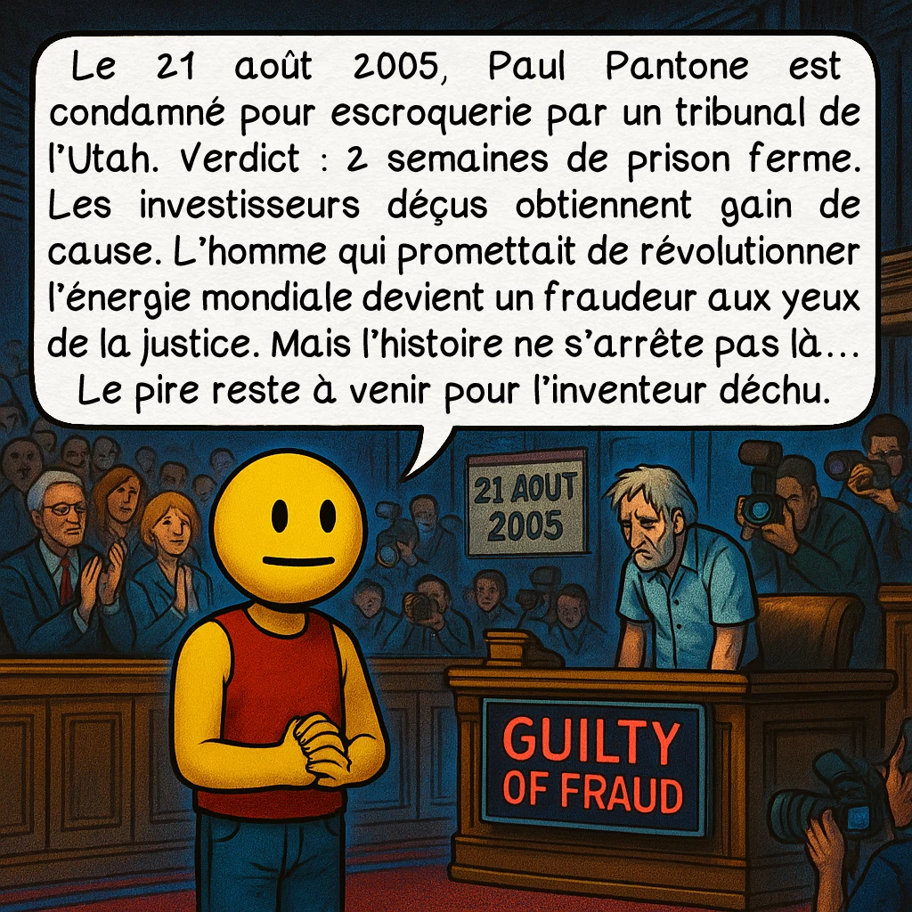 Le moteur Pantone, case 7 : Le 21 août 2005, Paul Pantone est condamné pour escroquerie par un tribunal de l’Utah. Verdict : 2 semaines de prison ferme. Les investisseurs déçus obtiennent gain de cause. L’homme qui promettait de révolutionner l’énergie mondiale devient un fraudeur aux yeux de la justice. Mais l’histoire ne s’arrête pas là… Le pire reste à venir pour l’inventeur déchu.