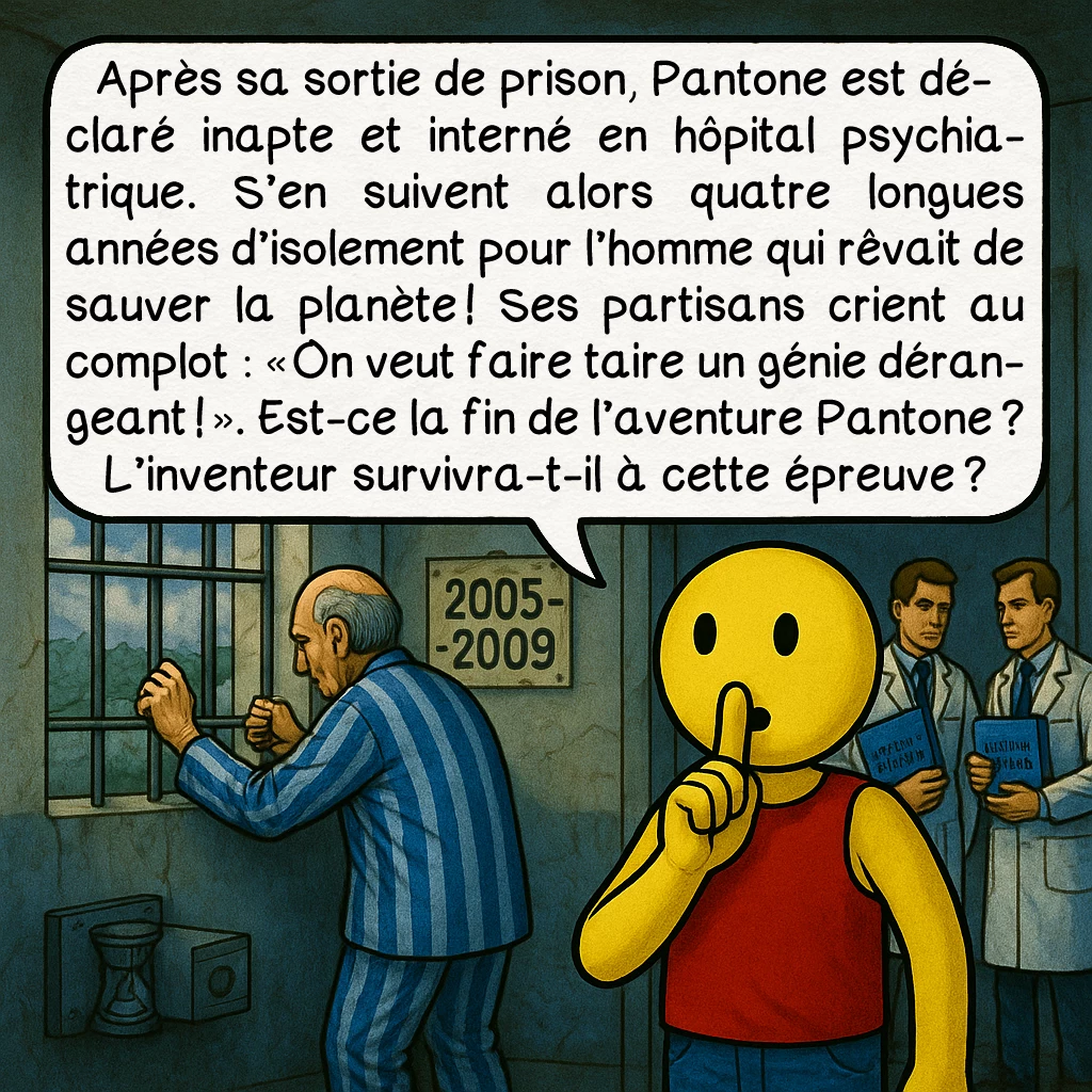 Le moteur Pantone, case 8 : Après sa sortie de prison, Pantone est déclaré inapte et interné en hôpital psychiatrique. S’en suivent alors quatre longues années d’isolement pour l’homme qui rêvait de sauver la planète ! Ses partisans crient au complot : « On veut faire taire un génie dérangeant ! ». Est-ce la fin de l’aventure Pantone ? L’inventeur survivra-t-il à cette épreuve ?