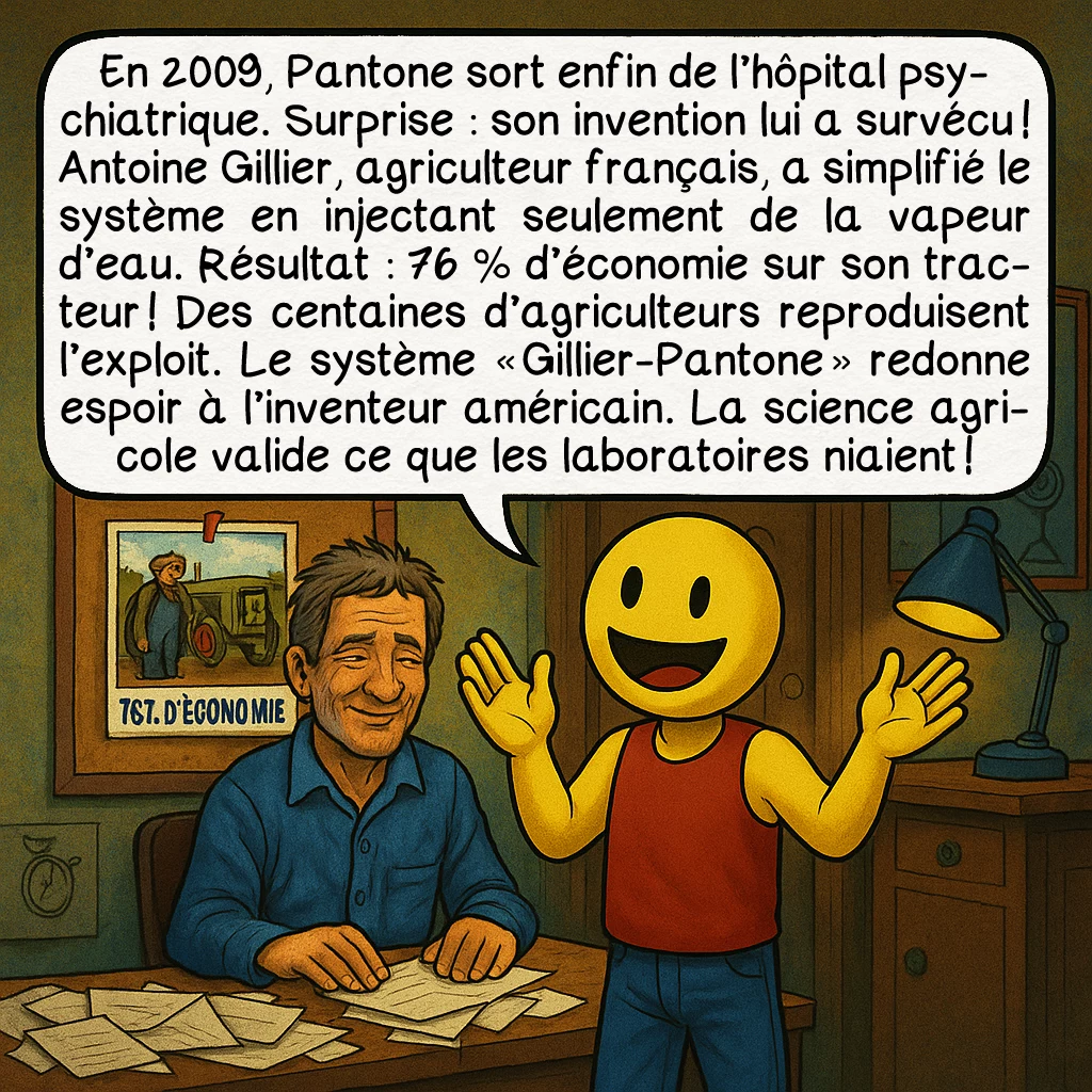 Le moteur Pantone, case 9 : En 2009, Pantone sort enfin de l’hôpital psychiatrique. Surprise : son invention lui a survécu ! Antoine Gillier, agriculteur français, a simplifié le système en injectant seulement de la vapeur d’eau. Résultat : 76 % d’économie sur son tracteur ! Des centaines d’agriculteurs reproduisent l’exploit. Le système « Gillier-Pantone » redonne espoir à l’inventeur américain. La science agricole valide ce que les laboratoires niaient !