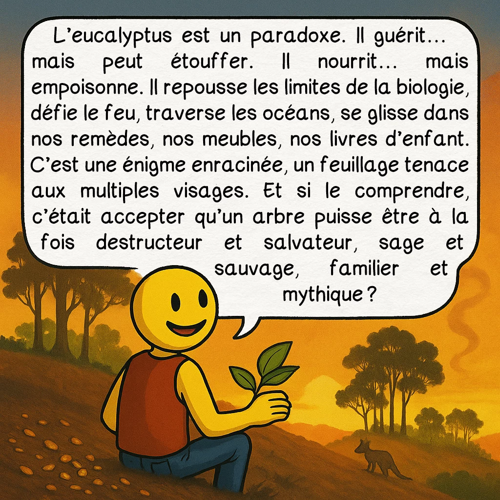L’eucalyptus, case 10 : L’eucalyptus est un paradoxe. Il guérit… mais peut étouffer. Il nourrit… mais empoisonne. Il repousse les limites de la biologie, défie le feu, traverse les océans, se glisse dans nos remèdes, nos meubles, nos livres d’enfant. C’est une énigme enracinée, un feuillage tenace aux multiples visages. Et si le comprendre, c’était accepter qu’un arbre puisse être à la fois destructeur et salvateur, sage et sauvage, familier et mythique ?