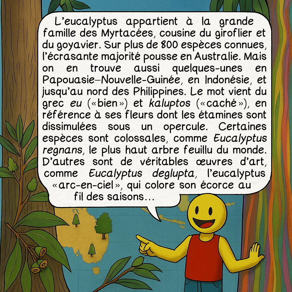 L’eucalyptus, case 2 : — Origines, famille et espèces
L’eucalyptus appartient à la grande famille des Myrtacées, cousine du giroflier et du goyavier. Sur plus de 800 espèces connues, l’écrasante majorité pousse en Australie. Mais on en trouve aussi quelques-unes en Papouasie–Nouvelle-Guinée, en Indonésie, et jusqu’au nord des Philippines. Le mot vient du grec eu- (« bien ») et kaluptos (« caché »), en référence à ses fleurs dont les étamines sont dissimulées sous un opercule. Certaines espèces sont colossales, comme Eucalyptus regnans, le plus haut arbre feuillu du monde. D’autres sont de véritables œuvres d’art, comme Eucalyptus deglupta, l’eucalyptus « arc-en-ciel », qui colore son écorce au fil des saisons…