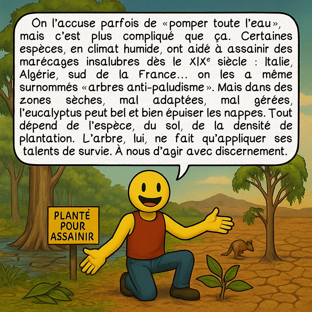 L’eucalyptus, case 4 : On l’accuse parfois de « pomper toute l’eau », mais c’est plus compliqué que ça. Certaines espèces, en climat humide, ont aidé à assainir des marécages insalubres dès le XIXᵉ siècle : Italie, Algérie, sud de la France… on les a même surnommés « arbres anti-paludisme ». Mais dans des zones sèches, mal adaptées, mal gérées, l’eucalyptus peut bel et bien épuiser les nappes. Tout dépend de l’espèce, du sol, de la densité de plantation. L’arbre, lui, ne fait qu’appliquer ses talents de survie. À nous d’agir avec discernement.