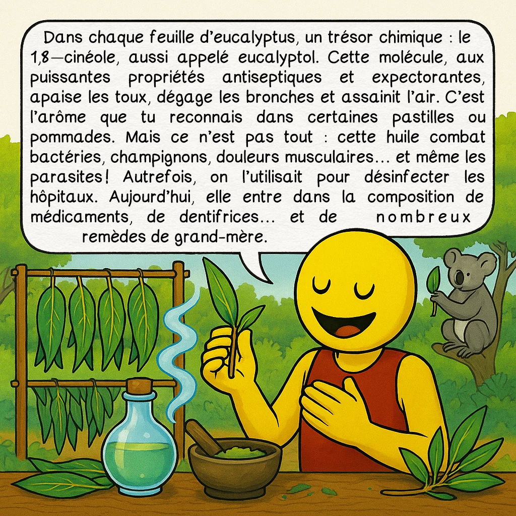 L’eucalyptus, case 5 : — Une pharmacie en feuilles
Dans chaque feuille d’eucalyptus, un trésor chimique : le 1,8— cinéole, aussi appelé eucalyptol. Cette molécule, aux puissantes propriétés antiseptiques et expectorantes, apaise les toux, dégage les bronches et assainit l’air. C’est l’arôme que tu reconnais dans certaines pastilles ou pommades. Mais ce n’est pas tout : cette huile combat bactéries, champignons, douleurs musculaires… et même les parasites ! Autrefois, on l’utilisait pour désinfecter les hôpitaux. Aujourd’hui, elle entre dans la composition de médicaments, de dentifrices… et de nombreux remèdes de grand-mère.