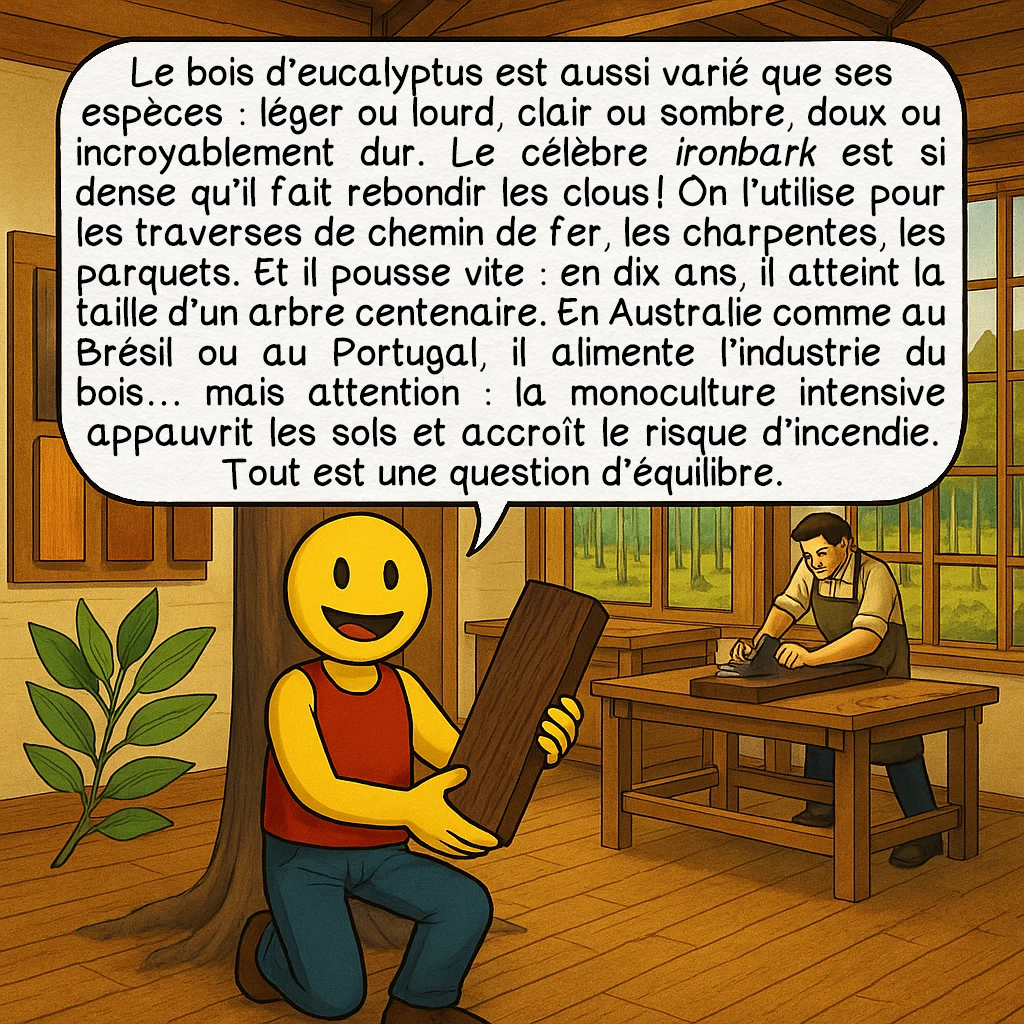 L’eucalyptus, case 6 : — Le bois aux nerfs d’acier
Le bois d’eucalyptus est aussi varié que ses espèces : léger ou lourd, clair ou sombre, doux ou incroyablement dur. Le célèbre ironbark est si dense qu’il fait rebondir les clous ! On l’utilise pour les traverses de chemin de fer, les charpentes, les parquets. Et il pousse vite : en dix ans, il atteint la taille d’un arbre centenaire. En Australie comme au Brésil ou au Portugal, il alimente l’industrie du bois… mais attention : la monoculture intensive appauvrit les sols et accroît le risque d’incendie. Tout est une question d’équilibre.