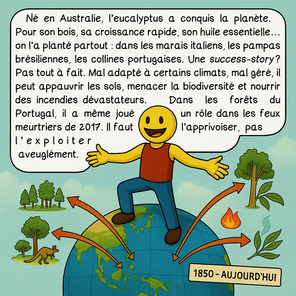 L’eucalyptus, case 7 : Né en Australie, l’eucalyptus a conquis la planète. Pour son bois, sa croissance rapide, son huile essentielle… on l’a planté partout : dans les marais italiens, les pampas brésiliennes, les collines portugaises. Une success-story ? Pas tout à fait. Mal adapté à certains climats, mal géré, il peut appauvrir les sols, menacer la biodiversité et nourrir des incendies dévastateurs. Dans les forêts du Portugal, il a même joué un rôle dans les feux meurtriers de 2017. Il faut l’apprivoiser, pas l’exploiter aveuglément.