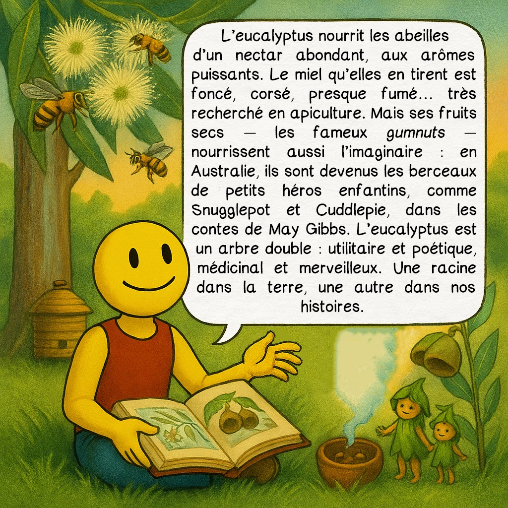 L’eucalyptus, case 8 : L’eucalyptus nourrit les abeilles d’un nectar abondant, aux arômes puissants. Le miel qu’elles en tirent est foncé, corsé, presque fumé… très recherché en apiculture. Mais ses fruits secs — les fameux gumnuts — nourrissent aussi l’imaginaire : en Australie, ils sont devenus les berceaux de petits héros enfantins, comme Snugglepot et Cuddlepie, dans les contes de May Gibbs. L’eucalyptus est un arbre double : utilitaire et poétique, médicinal et merveilleux. Une racine dans la terre, une autre dans nos histoires.