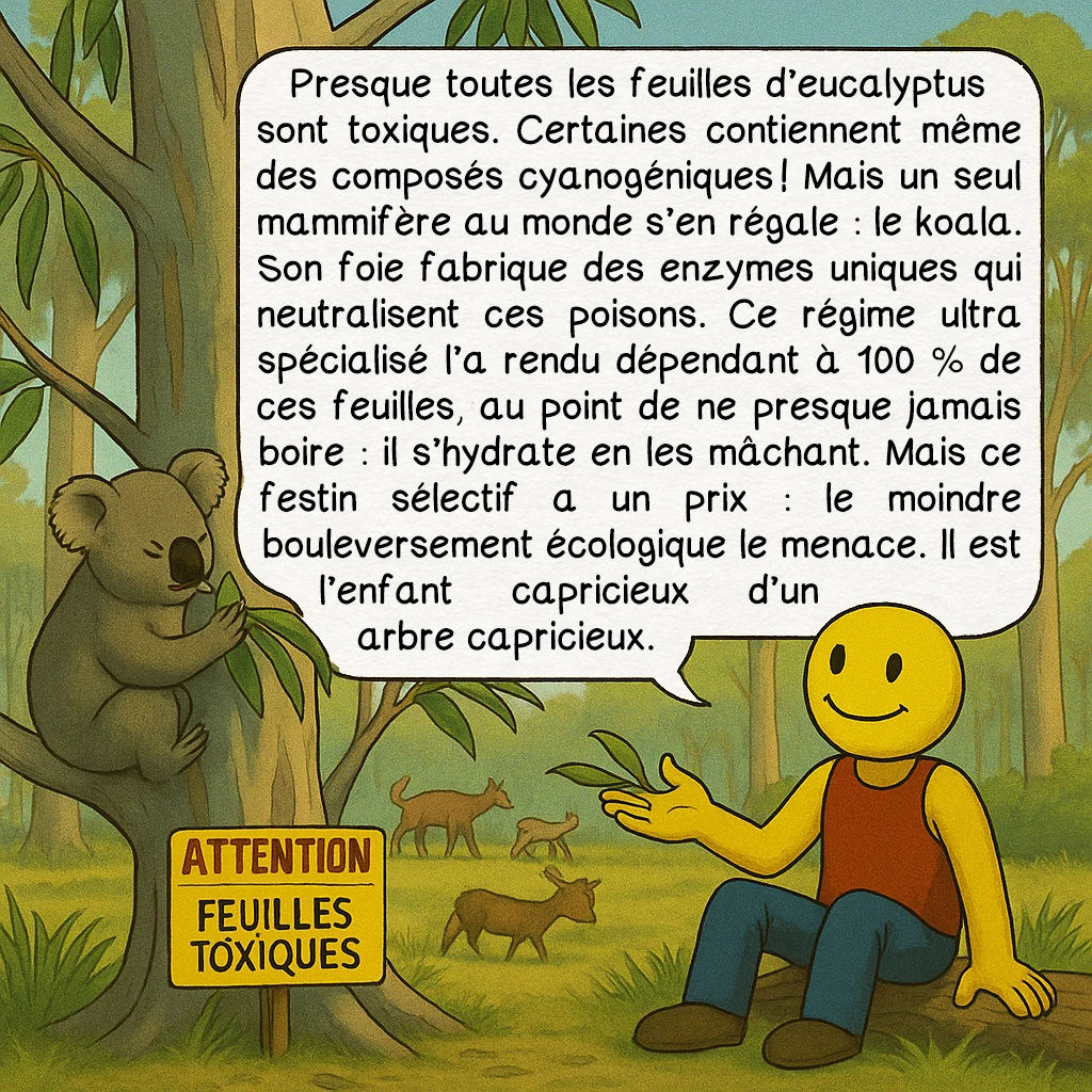 L’eucalyptus, case 9 : Presque toutes les feuilles d’eucalyptus sont toxiques. Certaines contiennent même des composés cyanogéniques ! Mais un seul mammifère au monde s’en régale : le koala. Son foie fabrique des enzymes uniques qui neutralisent ces poisons. Ce régime ultra spécialisé l’a rendu dépendant à 100 % de ces feuilles, au point de ne presque jamais boire : il s’hydrate en les mâchant. Mais ce festin sélectif a un prix : le moindre bouleversement écologique le menace. Il est l’enfant capricieux d’un arbre capricieux.
 