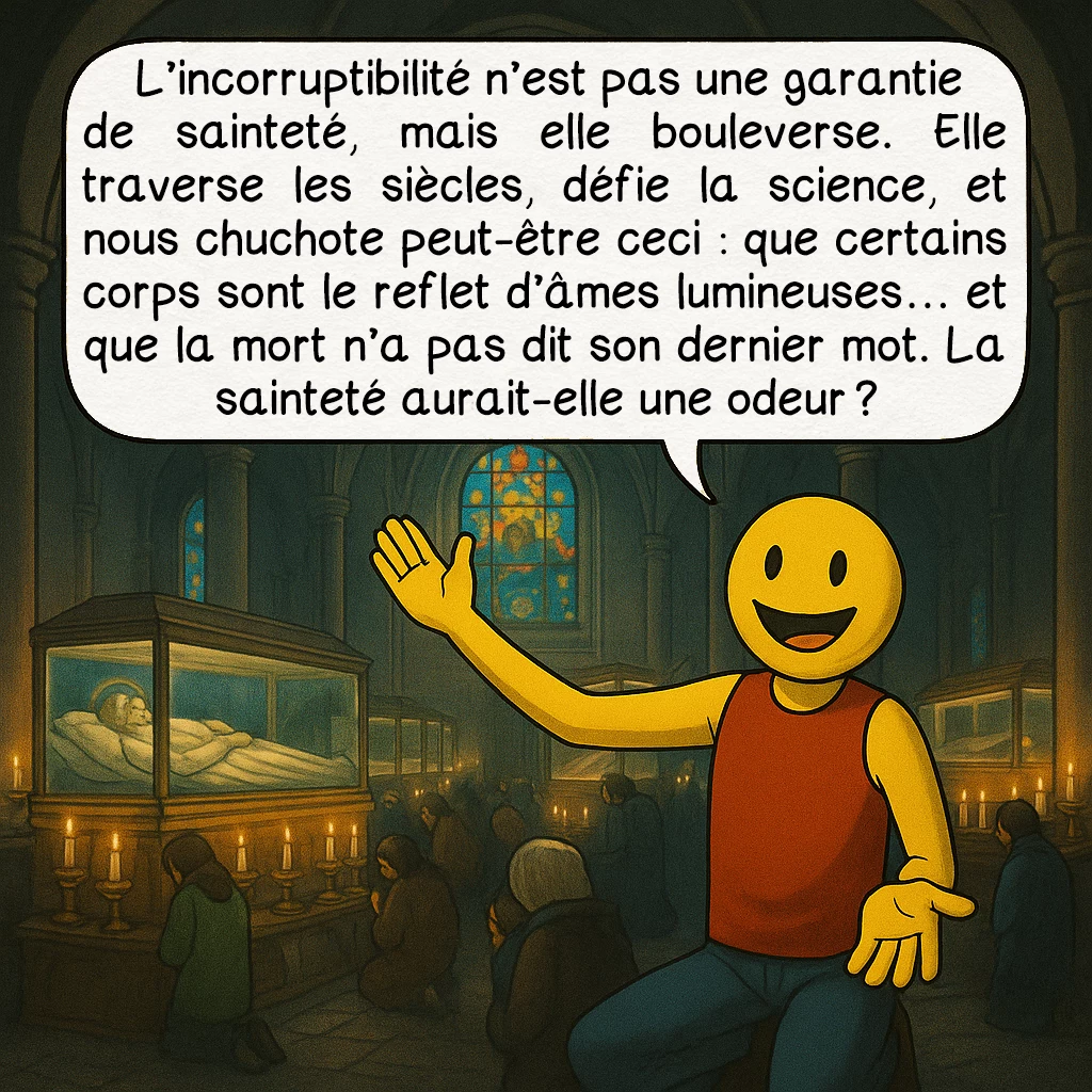 L’incorruptibilité des corps, case 10 : — Conclusion
L’incorruptibilité n’est pas une garantie de sainteté, mais elle bouleverse. Elle traverse les siècles, défie la science, et nous chuchote peut-être ceci : que certains corps sont le reflet d’âmes lumineuses… et que la mort n’a pas dit son dernier mot. La sainteté aurait-elle une odeur ?