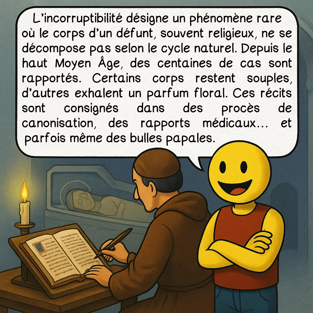 L’incorruptibilité des corps, case 2 : — Définition et premiers cas
L’incorruptibilité désigne un phénomène rare où le corps d’un défunt, souvent religieux, ne se décompose pas selon le cycle naturel. Depuis le haut Moyen Âge, des centaines de cas sont rapportés. Certains corps restent souples, d’autres exhalent un parfum floral. Ces récits sont consignés dans des procès de canonisation, des rapports médicaux… et parfois même des bulles papales.