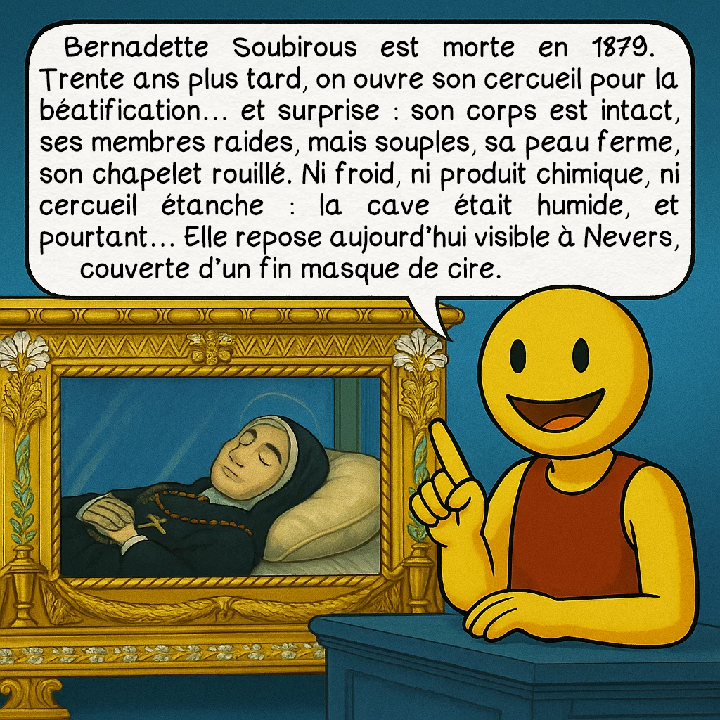L’incorruptibilité des corps, case 3 : — Cas emblématique : Sainte Bernadette
Bernadette Soubirous est morte en 1879. Trente ans plus tard, on ouvre son cercueil pour la béatification… et surprise : son corps est intact, ses membres raides, mais souples, sa peau ferme, son chapelet rouillé. Ni froid, ni produit chimique, ni cercueil étanche : la cave était humide, et pourtant… Elle repose aujourd’hui visible à Nevers, couverte d’un fin masque de cire.