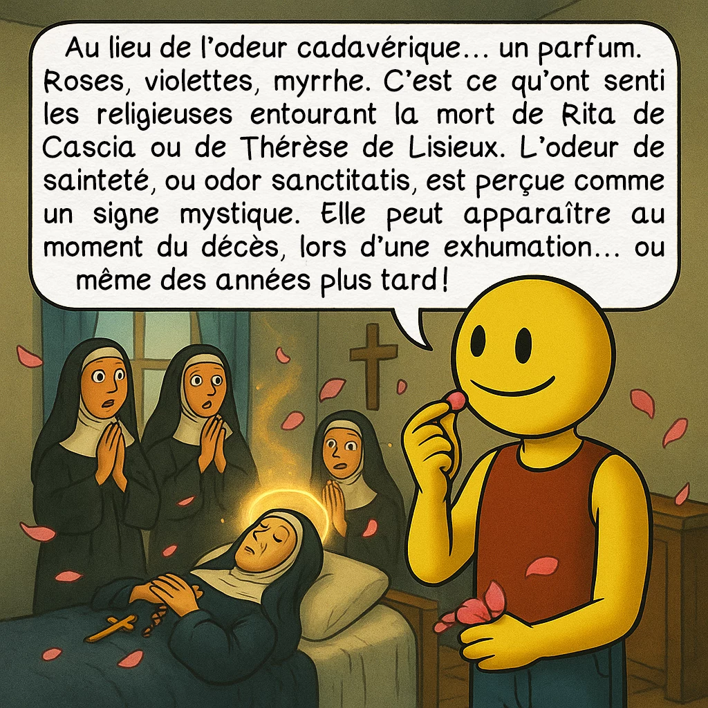 L’incorruptibilité des corps, case 4 : — L’odeur de sainteté
Au lieu de l’odeur cadavérique… un parfum. Roses, violettes, myrrhe. C’est ce qu’ont senti les religieuses entourant la mort de Rita de Cascia ou de Thérèse de Lisieux. L’odeur de sainteté, ou odor sanctitatis, est perçue comme un signe mystique. Elle peut apparaître au moment du décès, lors d’une exhumation… ou même des années plus tard !