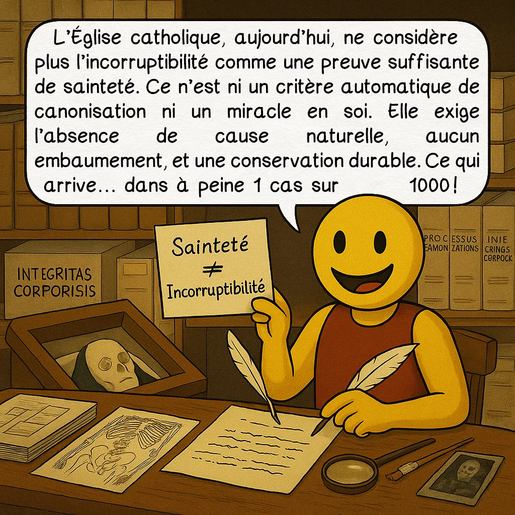 L’incorruptibilité des corps, case 5 : — Pas un simple miracle
L’Église catholique, aujourd’hui, ne considère plus l’incorruptibilité comme une preuve suffisante de sainteté. Ce n’est ni un critère automatique de canonisation ni un miracle en soi. Elle exige l’absence de cause naturelle, aucun embaumement, et une conservation durable. Ce qui arrive… dans à peine 1 cas sur 1000 !