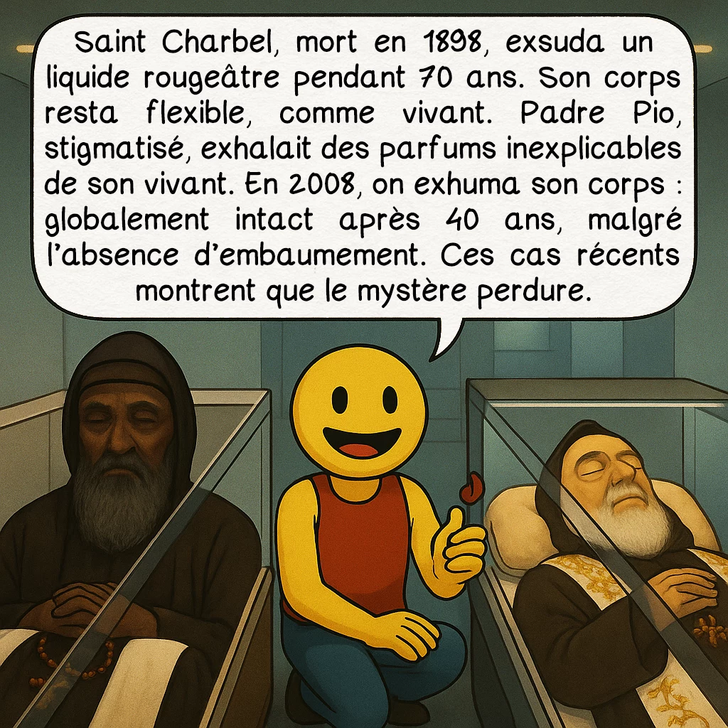 L’incorruptibilité des corps, case 6 : — Cas modernes : Charbel et Padre Pio
Saint Charbel, mort en 1898, exsuda un liquide rougeâtre pendant 70 ans. Son corps resta flexible, comme vivant. Padre Pio, stigmatisé, exhalait des parfums inexplicables de son vivant. En 2008, on exhuma son corps : globalement intact après 40 ans, malgré l’absence d’embaumement. Ces cas récents montrent que le mystère perdure.