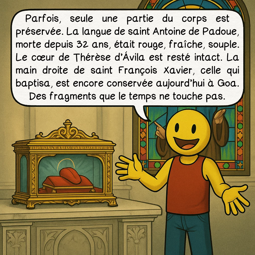 L’incorruptibilité des corps, case 7 : — Des parties seulement…
Parfois, seule une partie du corps est préservée. La langue de saint Antoine de Padoue, morte depuis 32 ans, était rouge, fraîche, souple. Le cœur de Thérèse d’Ávila est resté intact. La main droite de saint François Xavier, celle qui baptisa, est encore conservée aujourd’hui à Goa. Des fragments que le temps ne touche pas.