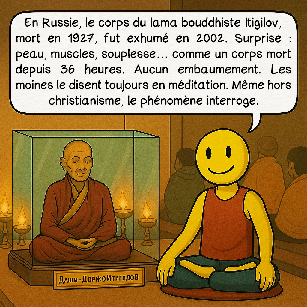 L’incorruptibilité des corps, case 8 : — Et ailleurs ?
En Russie, le corps du lama bouddhiste Itigilov, mort en 1927, fut exhumé en 2002. Surprise : peau, muscles, souplesse… comme un corps mort depuis 36 heures. Aucun embaumement. Les moines le disent toujours en méditation. Même hors christianisme, le phénomène interroge.