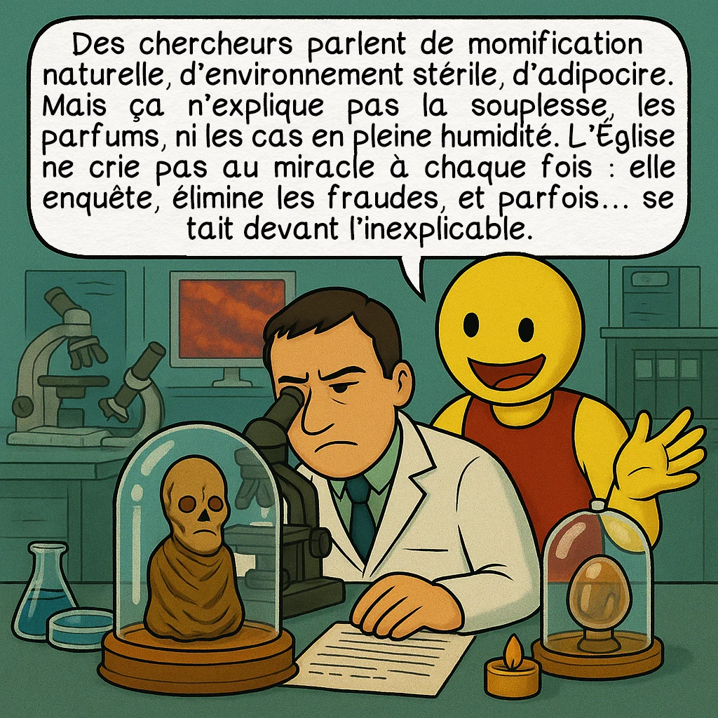 L’incorruptibilité des corps, case 9 : — Explications naturelles ?
Des chercheurs parlent de momification naturelle, d’environnement stérile, d’adipocire. Mais ça n’explique pas la souplesse, les parfums, ni les cas en pleine humidité. L’Église ne crie pas au miracle à chaque fois : elle enquête, élimine les fraudes, et parfois… se tait devant l’inexplicable.