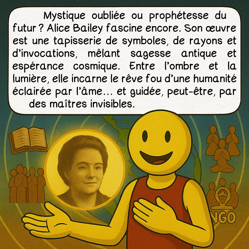 Alice Bailey, case 10 : — Conclusion
Mystique oubliée ou prophétesse du futur ? Alice Bailey fascine encore. Son œuvre est une tapisserie de symboles, de rayons et d’invocations, mêlant sagesse antique et espérance cosmique. Entre l’ombre et la lumière, elle incarne le rêve fou d’une humanité éclairée par l’âme… et guidée, peut-être, par des maîtres invisibles.