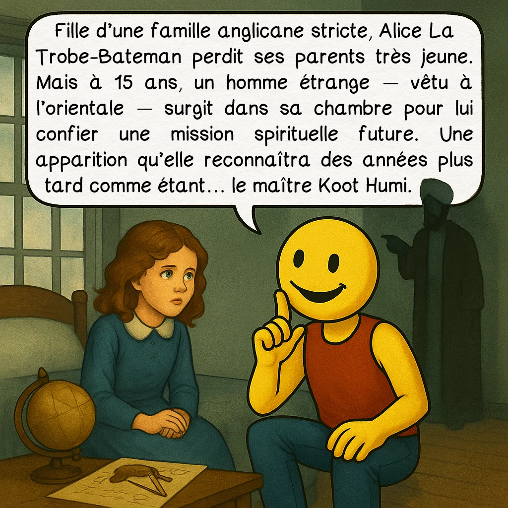 Alice Bailey, case 2 : — L’enfance et l’appel mystérieux
Fille d’une famille anglicane stricte, Alice La Trobe-Bateman perdit ses parents très jeune. Mais à 15 ans, un homme étrange — vêtu à l’orientale — surgit dans sa chambre pour lui confier une mission spirituelle future. Une apparition qu’elle reconnaîtra des années plus tard comme étant… le maître Koot Humi.