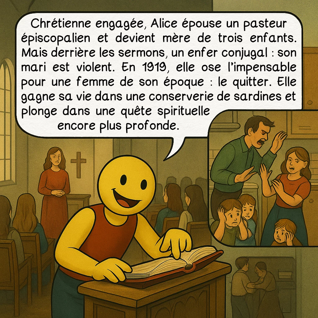 Alice Bailey, case 3 : — De la religion au divorce
Chrétienne engagée, Alice épouse un pasteur épiscopalien et devient mère de trois enfants. Mais derrière les sermons, un enfer conjugal : son mari est violent. En 1919, elle ose l’impensable pour une femme de son époque : le quitter. Elle gagne sa vie dans une conserverie de sardines et plonge dans une quête spirituelle encore plus profonde.