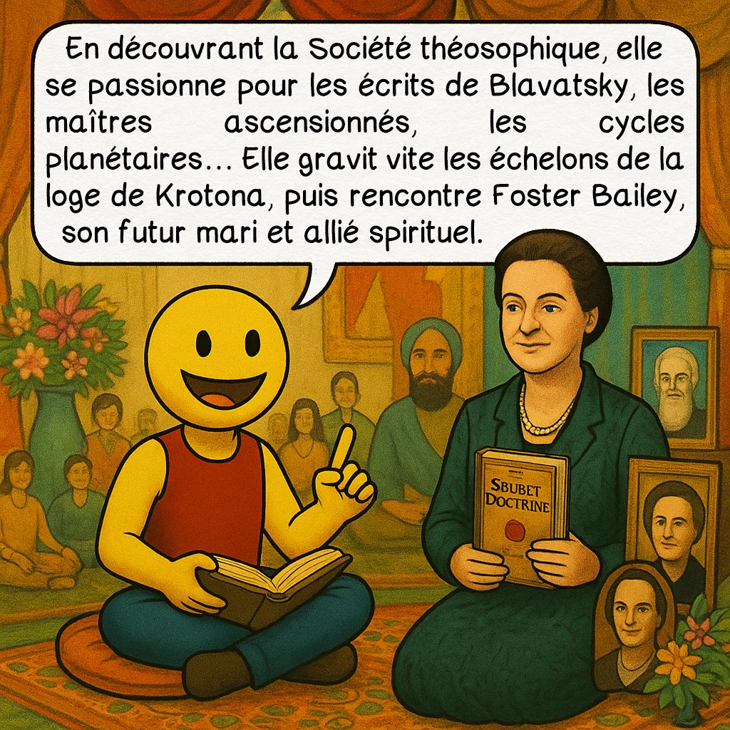 Alice Bailey, case 4 : — Rencontre avec la théosophie
En découvrant la Société théosophique, elle se passionne pour les écrits de Blavatsky, les maîtres ascensionnés, les cycles planétaires… Elle gravit vite les échelons de la loge de Krotona, puis rencontre Foster Bailey, son futur mari et allié spirituel.