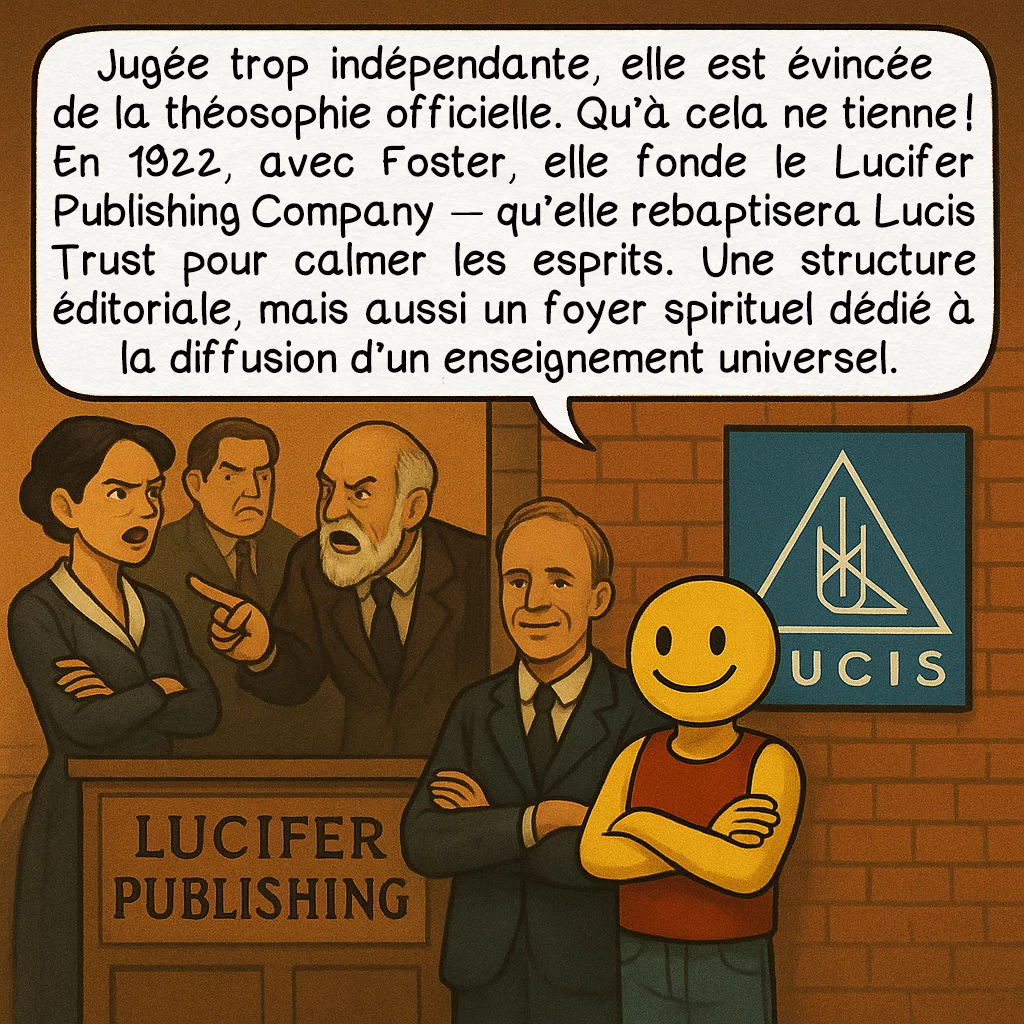 Alice Bailey, case 5 : — Rupture et fondation du Lucis Trust
Jugée trop indépendante, elle est évincée de la théosophie officielle. Qu’à cela ne tienne ! En 1922, avec Foster, elle fonde le Lucifer Publishing Company — qu’elle rebaptisera Lucis Trust pour calmer les esprits. Une structure éditoriale, mais aussi un foyer spirituel dédié à la diffusion d’un enseignement universel.