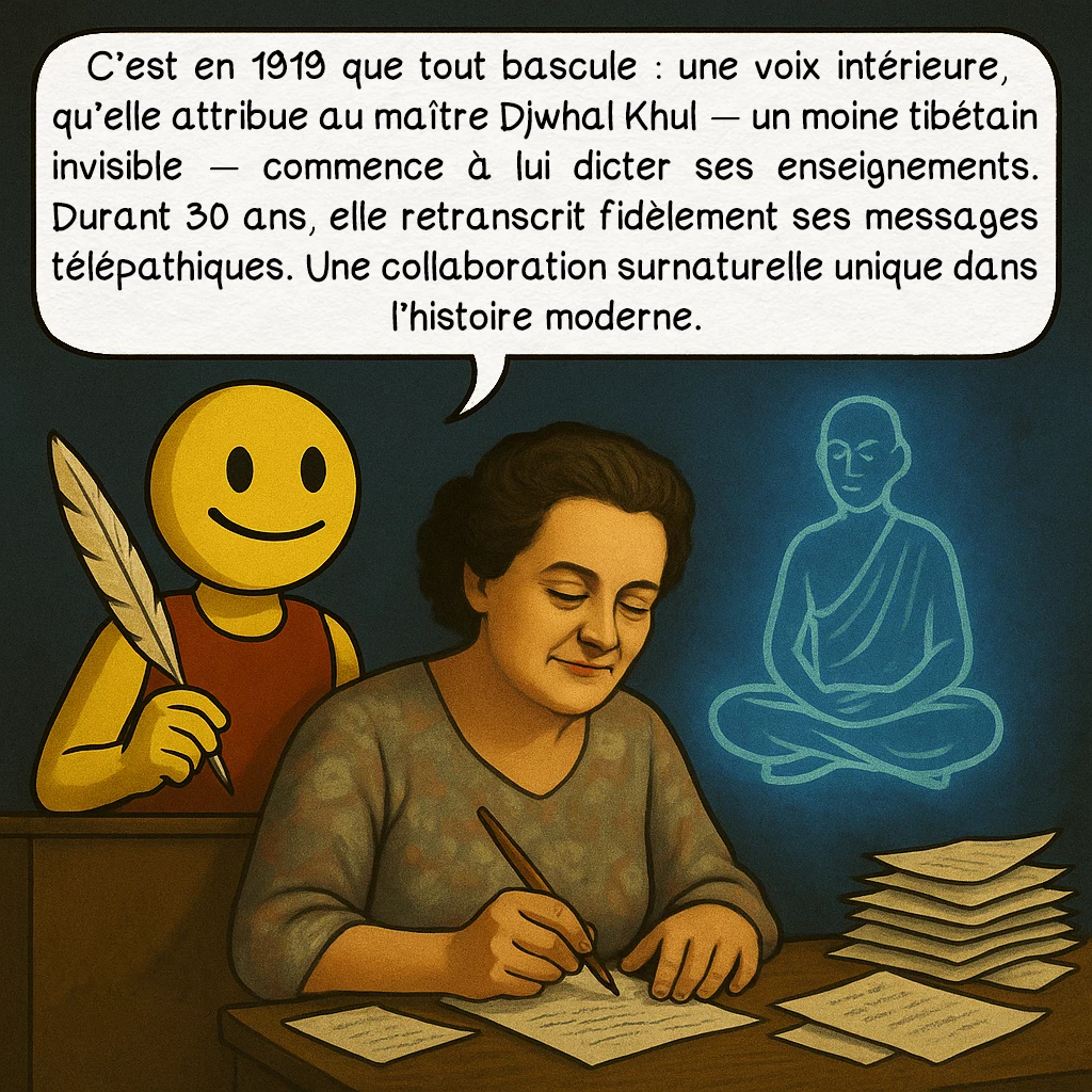 Alice Bailey, case 6 : — Le « Tibétain » entre en scène
C’est en 1919 que tout bascule : une voix intérieure, qu’elle attribue au maître Djwhal Khul — un moine tibétain invisible — commence à lui dicter ses enseignements. Durant 30 ans, elle retranscrit fidèlement ses messages télépathiques. Une collaboration surnaturelle unique dans l’histoire moderne.