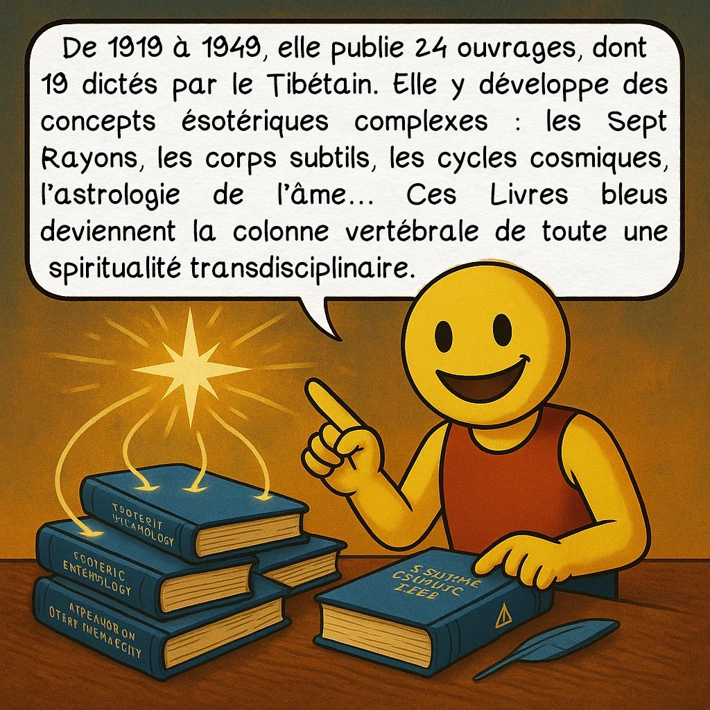 Alice Bailey, case 7 : — Le corpus des « Livres bleus »
De 1919 à 1949, elle publie 24 ouvrages, dont 19 dictés par le Tibétain. Elle y développe des concepts ésotériques complexes : les Sept Rayons, les corps subtils, les cycles cosmiques, l’astrologie de l’âme… Ces Livres bleus deviennent la colonne vertébrale de toute une spiritualité transdisciplinaire.