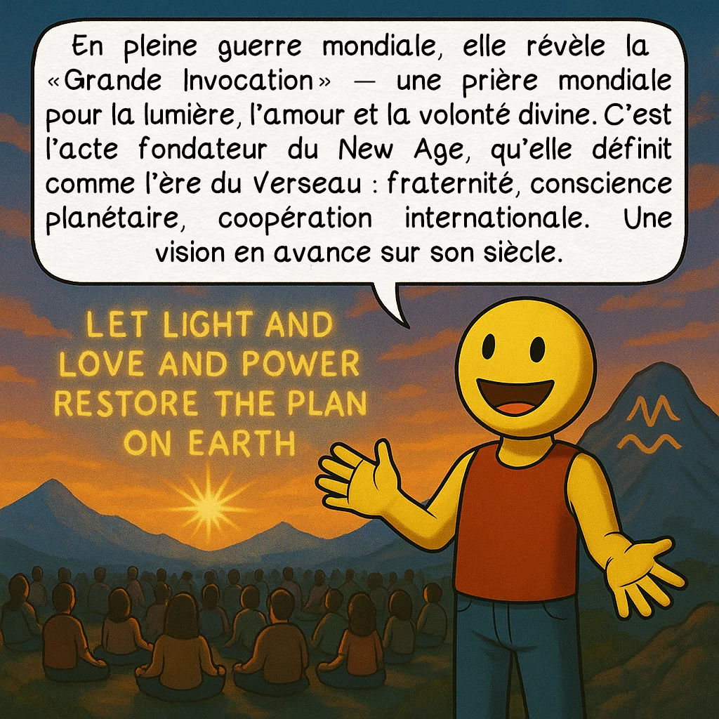 Alice Bailey, case 8 : — Le New Age et la Grande Invocation
En pleine guerre mondiale, elle révèle la « Grande Invocation » — une prière mondiale pour la lumière, l’amour et la volonté divine. C’est l’acte fondateur du New Age, qu’elle définit comme l’ère du Verseau : fraternité, conscience planétaire, coopération internationale. Une vision en avance sur son siècle.