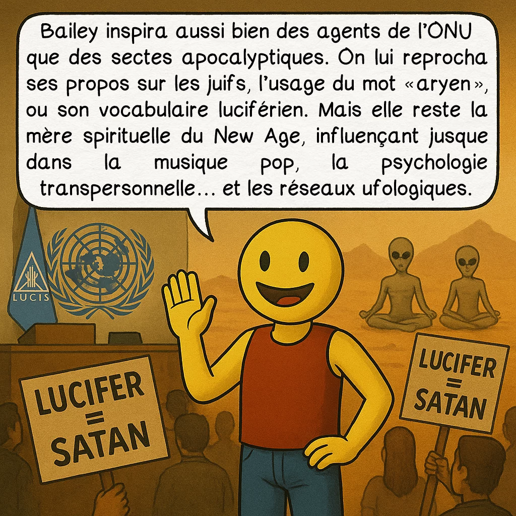Alice Bailey, case 9 : — Influence et controverses
Bailey inspira aussi bien des agents de l’ONU que des sectes apocalyptiques. On lui reprocha ses propos sur les juifs, l’usage du mot « aryen », ou son vocabulaire luciférien. Mais elle reste la mère spirituelle du New Age, influençant jusque dans la musique pop, la psychologie transpersonnelle… et les réseaux ufologiques.