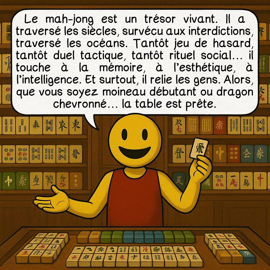 Le mah-jong, case 10 : — Conclusion
Le mah-jong est un trésor vivant. Il a traversé les siècles, survécu aux interdictions, traversé les océans. Tantôt jeu de hasard, tantôt duel tactique, tantôt rituel social… il touche à la mémoire, à l’esthétique, à l’intelligence. Et surtout, il relie les gens. Alors, que vous soyez moineau débutant ou dragon chevronné… la table est prête.