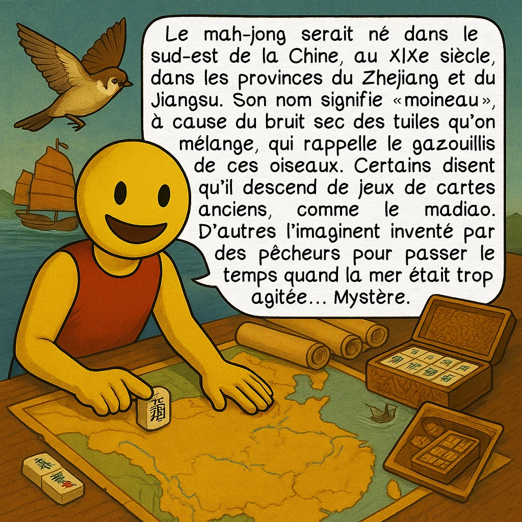 Le mah-jong, case 2 : — Aux origines du jeu
Le mah-jong serait né dans le sud-est de la Chine, au XIXe siècle, dans les provinces du Zhejiang et du Jiangsu. Son nom signifie « moineau », à cause du bruit sec des tuiles qu’on mélange, qui rappelle le gazouillis de ces oiseaux. Certains disent qu’il descend de jeux de cartes anciens, comme le madiao. D’autres l’imaginent inventé par des pêcheurs pour passer le temps quand la mer était trop agitée… Mystère.