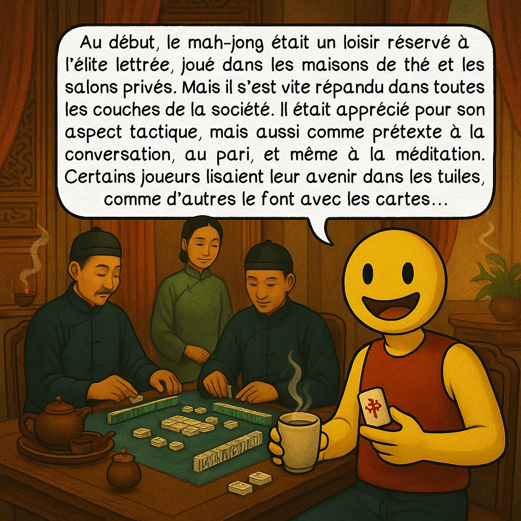 Le mah-jong, case 3 : — Le jeu des salons chinois
Au début, le mah-jong était un loisir réservé à l’élite lettrée, joué dans les maisons de thé et les salons privés. Mais il s’est vite répandu dans toutes les couches de la société. Il était apprécié pour son aspect tactique, mais aussi comme prétexte à la conversation, au pari, et même à la méditation. Certains joueurs lisaient leur avenir dans les tuiles, comme d’autres le font avec les cartes…