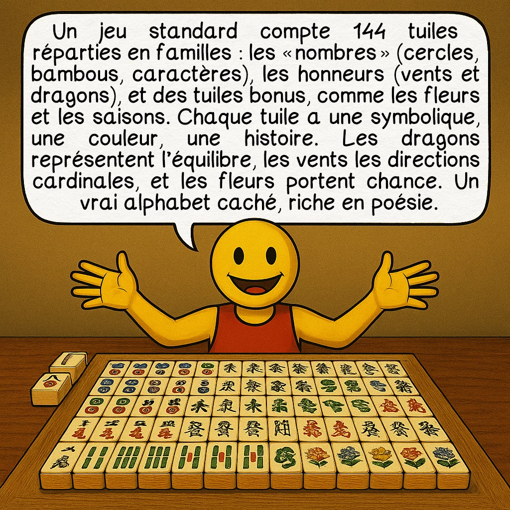 Le mah-jong, case 4 : — Les tuiles, un langage codé
Un jeu standard compte 144 tuiles réparties en familles : les « nombres » (cercles, bambous, caractères), les honneurs (vents et dragons), et des tuiles bonus, comme les fleurs et les saisons. Chaque tuile a une symbolique, une couleur, une histoire. Les dragons représentent l’équilibre, les vents les directions cardinales, et les fleurs portent chance. Un vrai alphabet caché, riche en poésie.