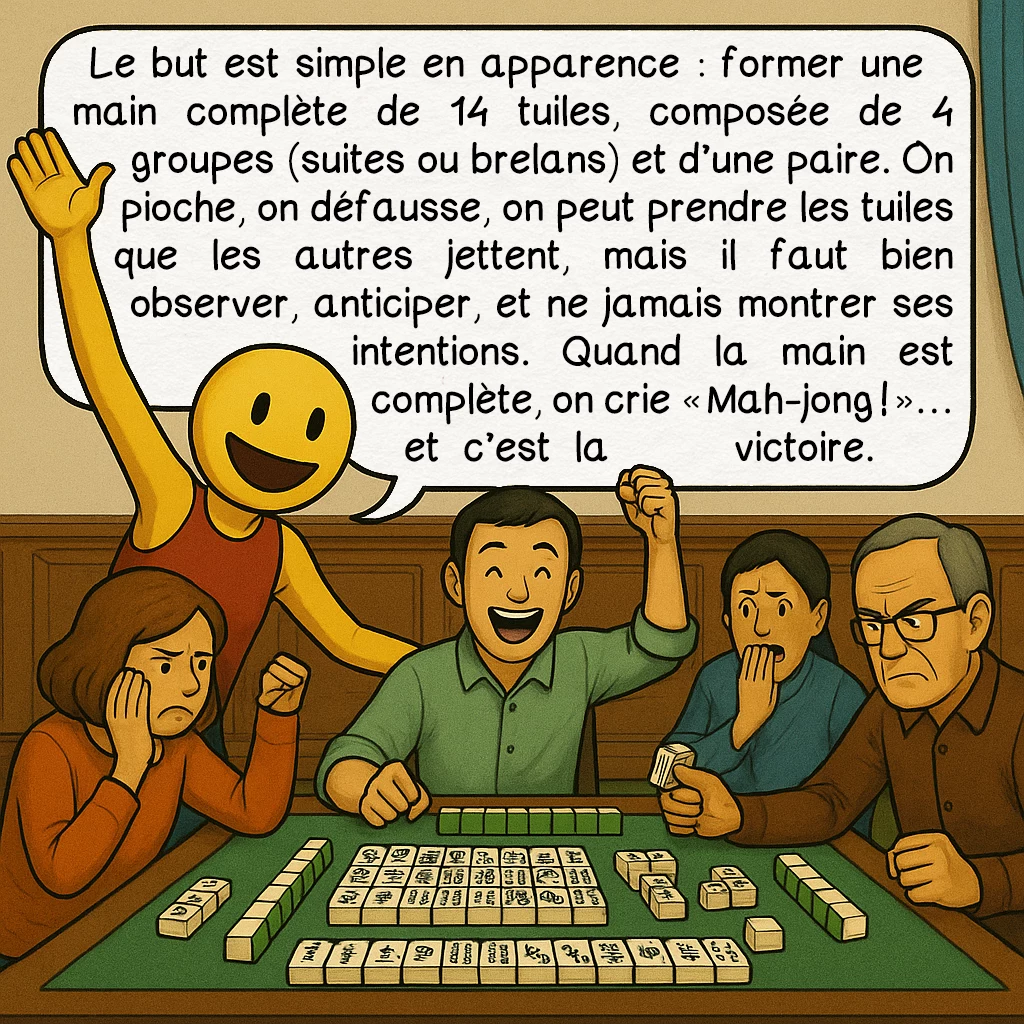 Le mah-jong, case 5 : — Le but du jeu
Le but est simple en apparence : former une main complète de 14 tuiles, composée de 4 groupes (suites ou brelans) et d’une paire. On pioche, on défausse, on peut prendre les tuiles que les autres jettent, mais il faut bien observer, anticiper, et ne jamais montrer ses intentions. Quand la main est complète, on crie « Mah-jong ! »… et c’est la victoire.