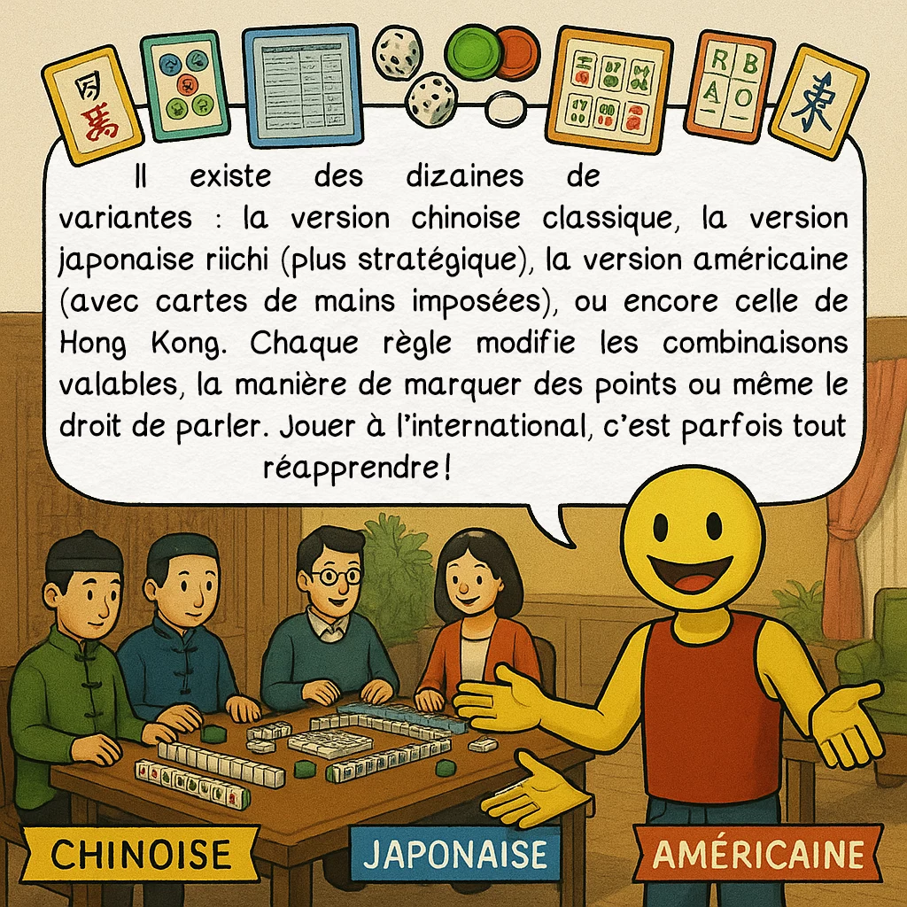 Le mah-jong, case 6 : — mille variantes, mille règles
Il existe des dizaines de variantes : la version chinoise classique, la version japonaise riichi (plus stratégique), la version américaine (avec cartes de mains imposées), ou encore celle de Hong Kong. Chaque règle modifie les combinaisons valables, la manière de marquer des points ou même le droit de parler. Jouer à l’international, c’est parfois tout réapprendre !