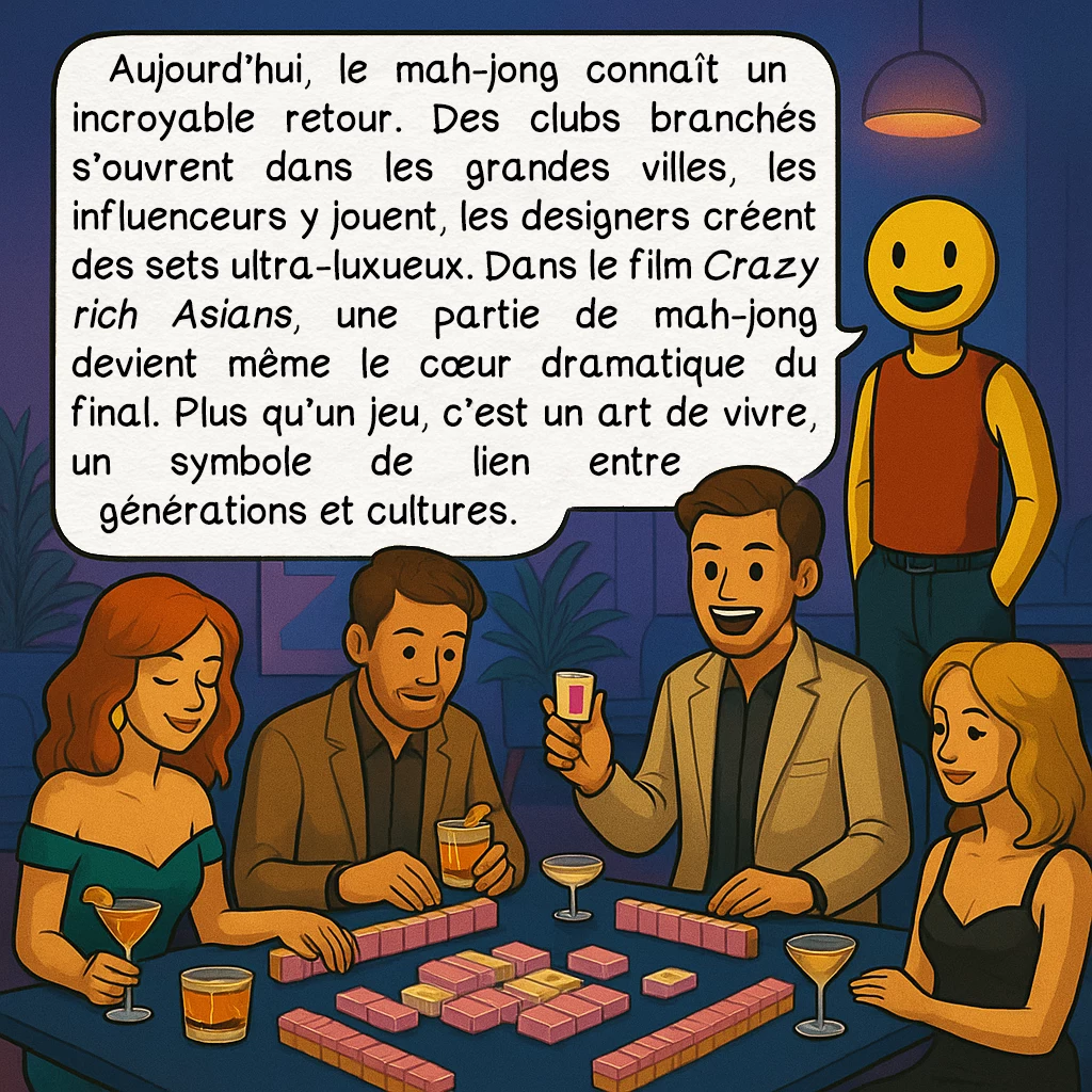 Le mah-jong, case 8 : — Mah-jong moderne et renaissance
Aujourd’hui, le mah-jong connaît un incroyable retour. Des clubs branchés s’ouvrent dans les grandes villes, les influenceurs y jouent, les designers créent des sets ultra-luxueux. Dans le film Crazy rich Asians, une partie de mah-jong devient même le cœur dramatique du final. Plus qu’un jeu, c’est un art de vivre, un symbole de lien entre générations et cultures.