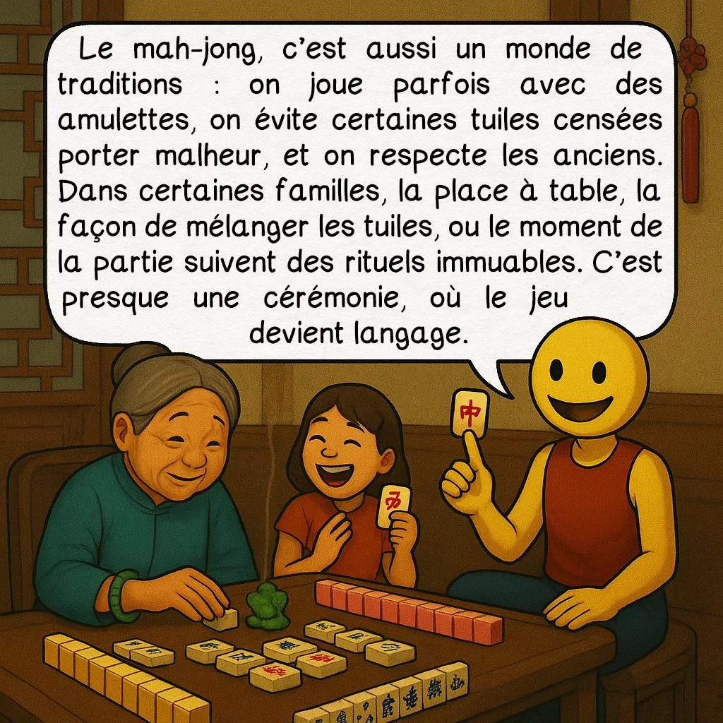 Le mah-jong, case 9 : — Superstitions et traditions
Le mah-jong, c’est aussi un monde de traditions : on joue parfois avec des amulettes, on évite certaines tuiles censées porter malheur, et on respecte les anciens. Dans certaines familles, la place à table, la façon de mélanger les tuiles, ou le moment de la partie suivent des rituels immuables. C’est presque une cérémonie, où le jeu devient langage.