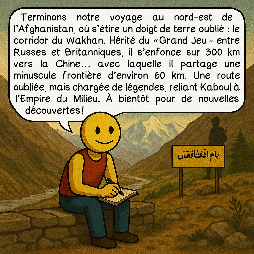 Les frontières insoupçonnées, case 10 : Terminons notre voyage au nord-est de l’Afghanistan, où s’étire un doigt de terre oublié : le corridor du Wakhan. Hérité du « Grand Jeu » entre Russes et Britanniques, il s’enfonce sur 300 km vers la Chine… avec laquelle il partage une minuscule frontière d’environ 60 km. Une route oubliée, mais chargée de légendes, reliant Kaboul à l’Empire du Milieu. À bientôt pour de nouvelles découvertes !