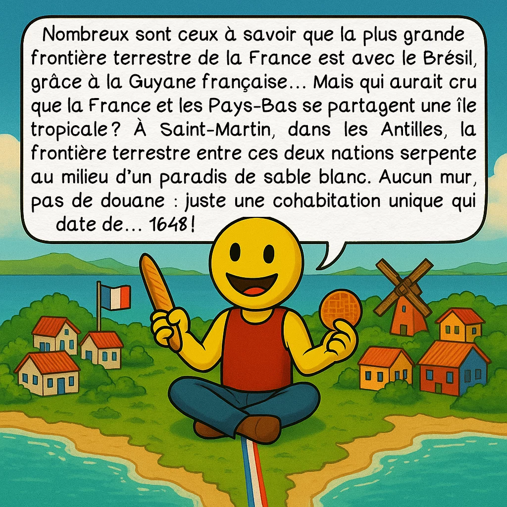 Les frontières insoupçonnées, case 2 : Nombreux sont ceux à savoir que la plus grande frontière terrestre de la France est avec le Brésil, grâce à la Guyane française… Mais qui aurait cru que la France et les Pays-Bas se partagent une île tropicale ? À Saint-Martin, dans les Antilles, la frontière terrestre entre ces deux nations serpente au milieu d’un paradis de sable blanc. Aucun mur, pas de douane : juste une cohabitation unique qui date de… 1648 !