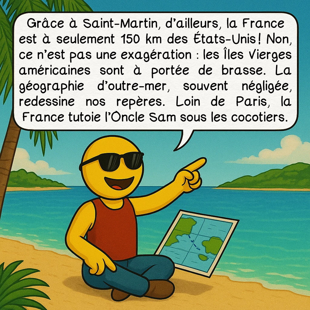 Les frontières insoupçonnées, case 3 : Grâce à Saint-Martin, d’ailleurs, la France est à seulement 150 km des États-Unis ! Non, ce n’est pas une exagération : les Îles Vierges américaines sont à portée de brasse. La géographie d’outre-mer, souvent négligée, redessine nos repères. Loin de Paris, la France tutoie l’Oncle Sam sous les cocotiers.