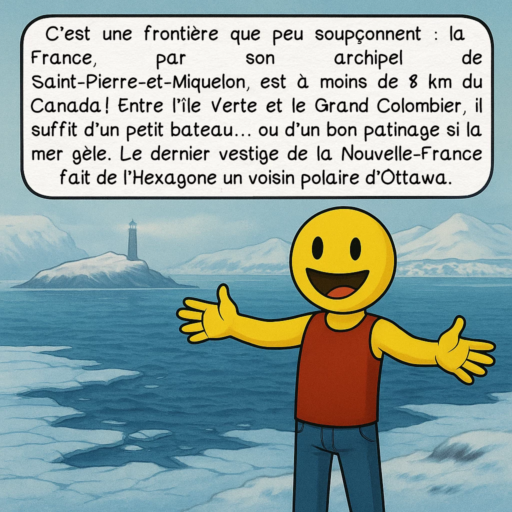 Les frontières insoupçonnées, case 4 : C’est une frontière que peu soupçonnent : la France, par son archipel de Saint-Pierre-et-Miquelon, est à moins de 8 km du Canada ! Entre l’île Verte et le Grand Colombier, il suffit d’un petit bateau… ou d’un bon patinage si la mer gèle. Le dernier vestige de la Nouvelle-France fait de l’Hexagone un voisin polaire d’Ottawa.
