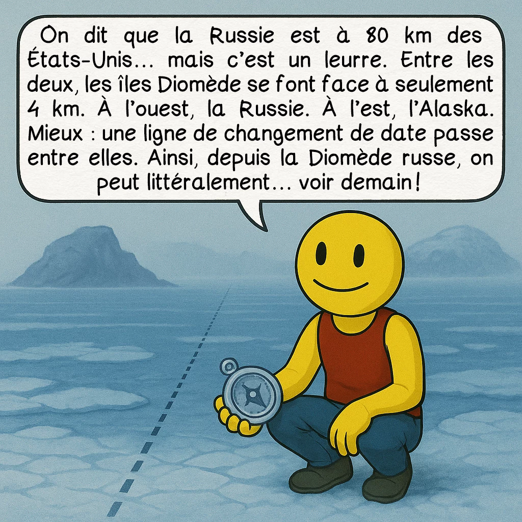 Les frontières insoupçonnées, case 5 : On dit que la Russie est à 80 km des États-Unis… mais c’est un leurre. Entre les deux, les îles Diomède se font face à seulement 4 km. À l’ouest, la Russie. À l’est, l’Alaska. Mieux : une ligne de changement de date passe entre elles. Ainsi, depuis la Diomède russe, on peut littéralement… voir demain ! 