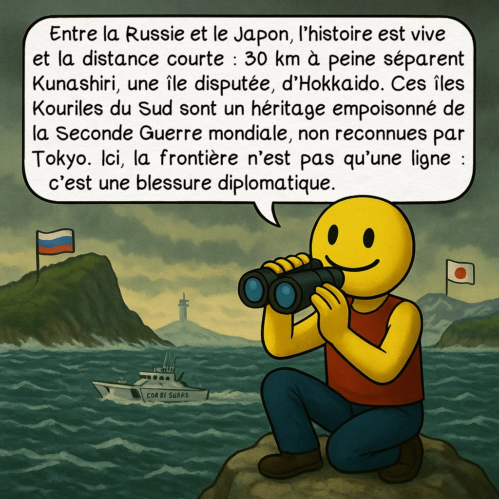 Les frontières insoupçonnées, case 6 : Entre la Russie et le Japon, l’histoire est vive et la distance courte : 30 km à peine séparent Kunashiri, une île disputée, d’Hokkaido. Ces îles Kouriles du Sud sont un héritage empoisonné de la Seconde Guerre mondiale, non reconnues par Tokyo. Ici, la frontière n’est pas qu’une ligne : c’est une blessure diplomatique. 