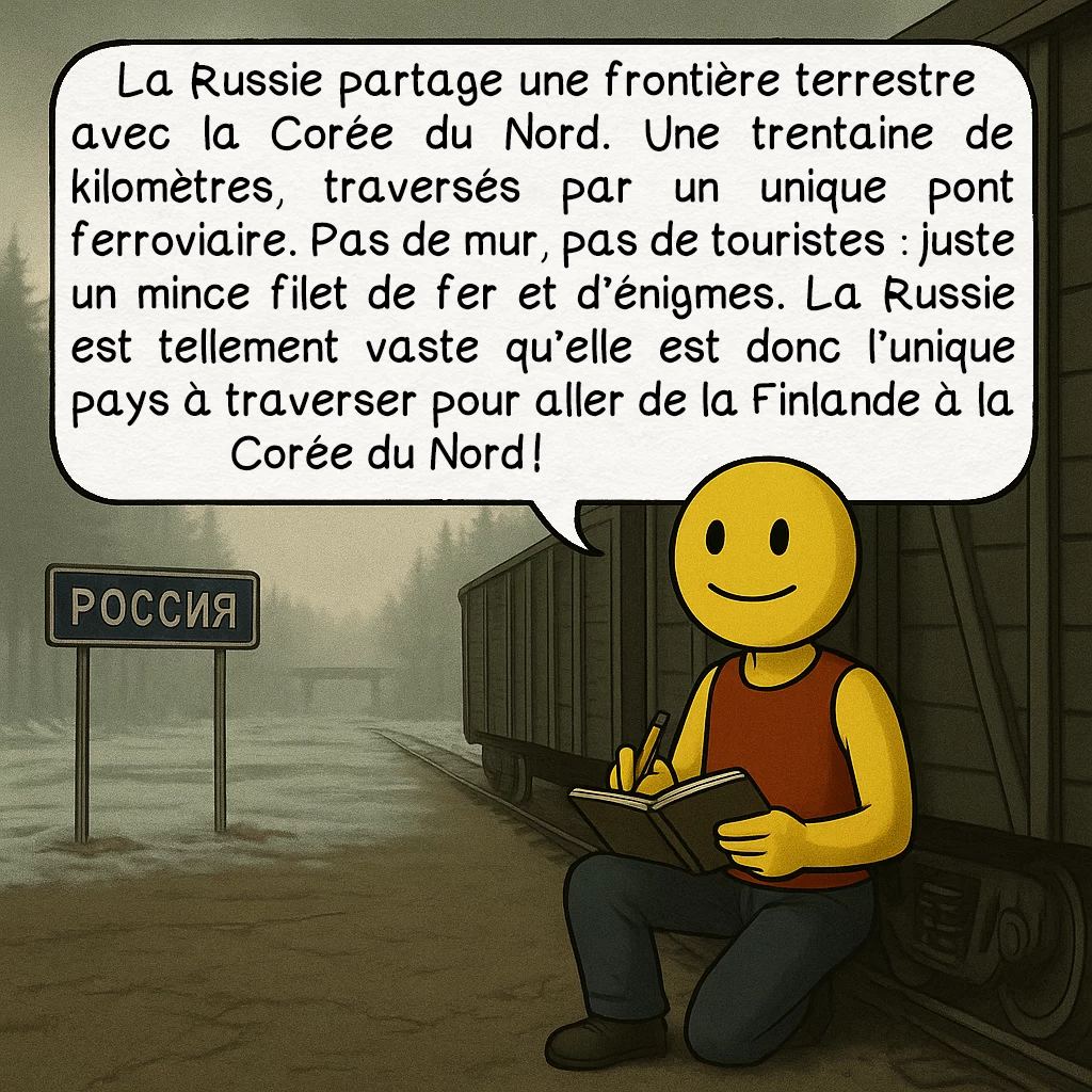 Les frontières insoupçonnées, case 7 : La Russie partage une frontière terrestre avec la Corée du Nord. Une trentaine de kilomètres, traversés par un unique pont ferroviaire. Pas de mur, pas de touristes : juste un mince filet de fer et d’énigmes. La Russie est tellement vaste qu’elle est donc l’unique pays à traverser pour aller de la Finlande à la Corée du Nord !