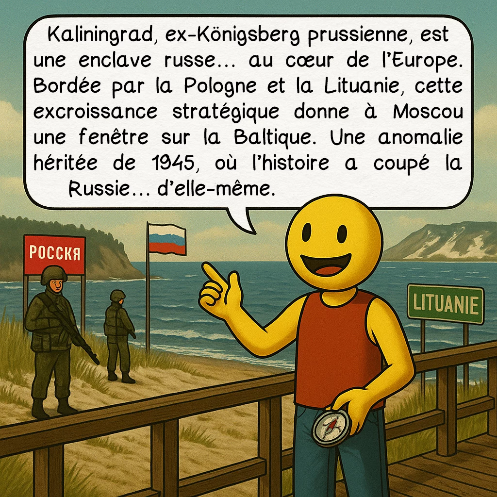 Les frontières insoupçonnées, case 8 : Kaliningrad, ex-Königsberg prussienne, est une enclave russe… au cœur de l’Europe. Bordée par la Pologne et la Lituanie, cette excroissance stratégique donne à Moscou une fenêtre sur la Baltique. Une anomalie héritée de 1945, où l’histoire a coupé la Russie… d’elle-même.
