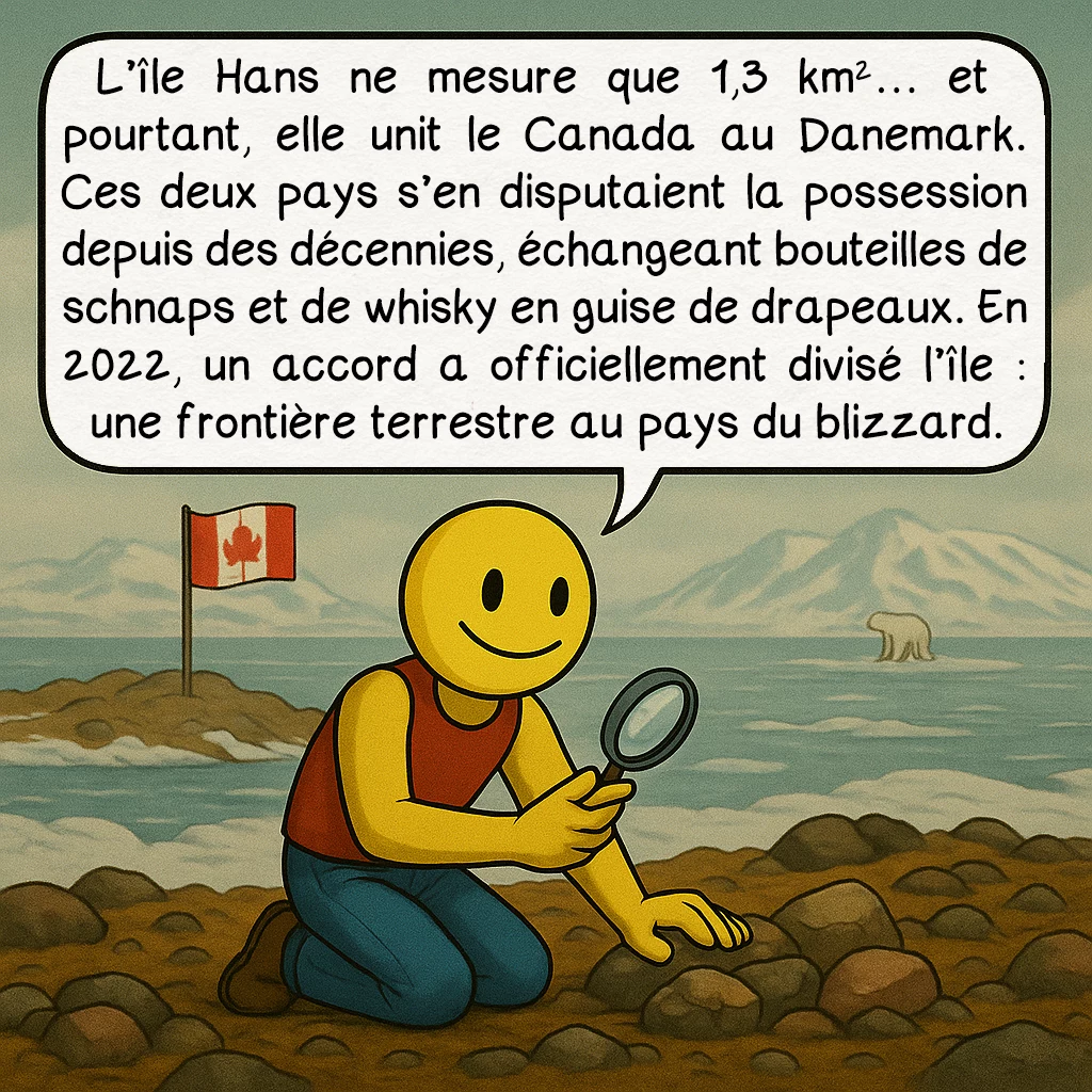 Les frontières insoupçonnées, case 9 : L’île Hans ne mesure que 1,3 km²… et pourtant, elle unit le Canada au Danemark. Ces deux pays s’en disputaient la possession depuis des décennies, échangeant bouteilles de schnaps et de whisky en guise de drapeaux. En 2022, un accord a officiellement divisé l’île : une frontière terrestre au pays du blizzard.
