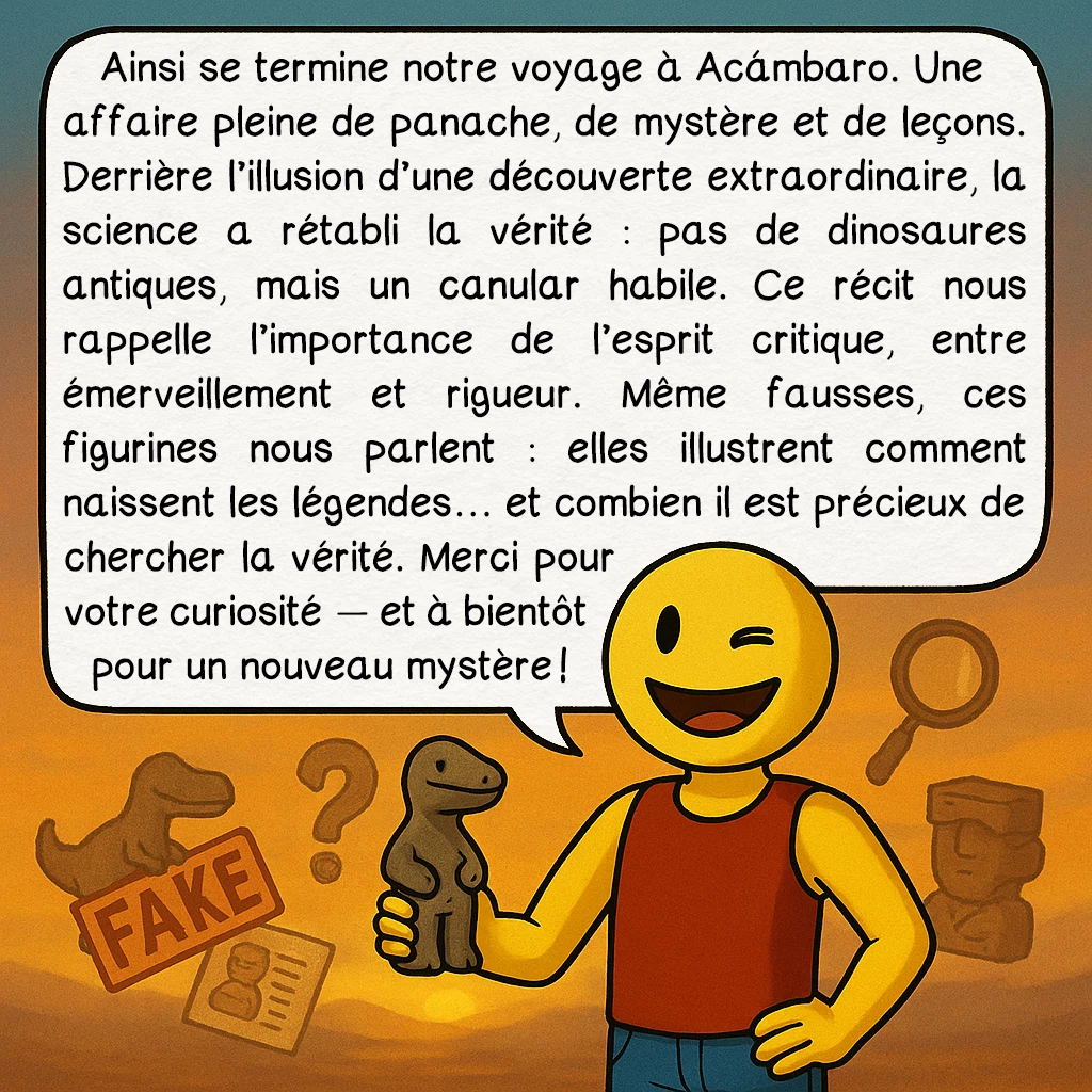 Les figurines d’Acámbaro, case 10 : Conclusion et leçon finale
Ainsi se termine notre voyage à Acámbaro. Une affaire pleine de panache, de mystère et de leçons. Derrière l’illusion d’une découverte extraordinaire, la science a rétabli la vérité : pas de dinosaures antiques, mais un canular habile. Ce récit nous rappelle l’importance de l’esprit critique, entre émerveillement et rigueur. Même fausses, ces figurines nous parlent : elles illustrent comment naissent les légendes… et combien il est précieux de chercher la vérité. Merci pour votre curiosité — et à bientôt pour un nouveau mystère !