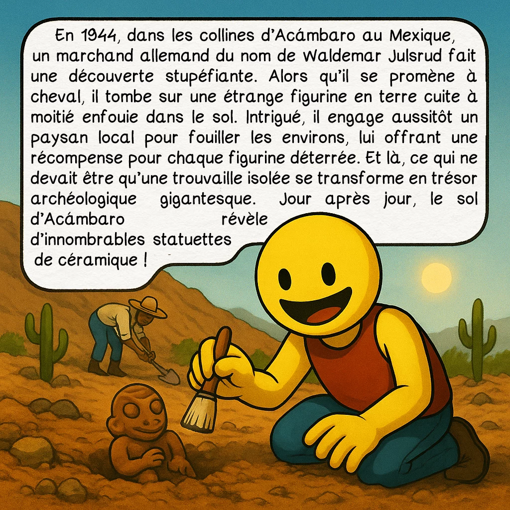 Les figurines d’Acámbaro, case 2 : La découverte miraculeuse
En 1944, dans les collines d’Acámbaro au Mexique, un marchand allemand du nom de Waldemar Julsrud fait une découverte stupéfiante. Alors qu’il se promène à cheval, il tombe sur une étrange figurine en terre cuite à moitié enfouie dans le sol. Intrigué, il engage aussitôt un paysan local pour fouiller les environs, lui offrant une récompense pour chaque figurine déterrée. Et là, ce qui ne devait être qu’une trouvaille isolée se transforme en trésor archéologique gigantesque. Jour après jour, le sol d’Acámbaro révèle d’innombrables statuettes de céramique !